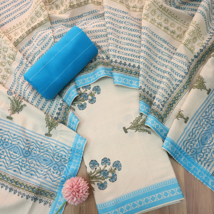 Hiraani Sky Blue All Over Floral Block Printed Work with Weaved Hem Cotton Suit Set