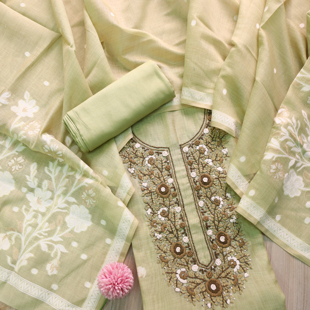 Surya Mint Green Thread Neck Work Jamdani Weaved Suit Set