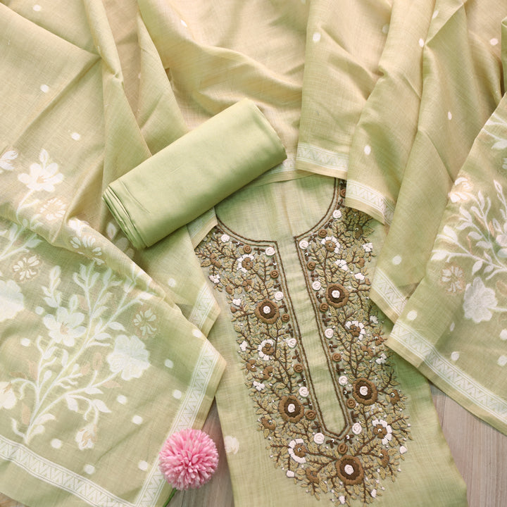 Surya Mint Green Thread Neck Work Jamdani Weaved Suit Set