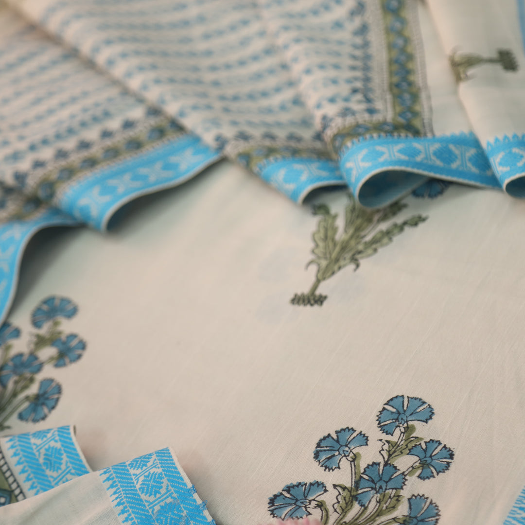 Hiraani Sky Blue All Over Floral Block Printed Work with Weaved Hem Cotton Suit Set