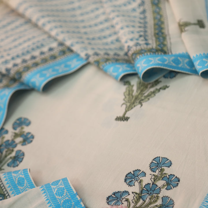 Hiraani Sky Blue All Over Floral Block Printed Work with Weaved Hem Cotton Suit Set