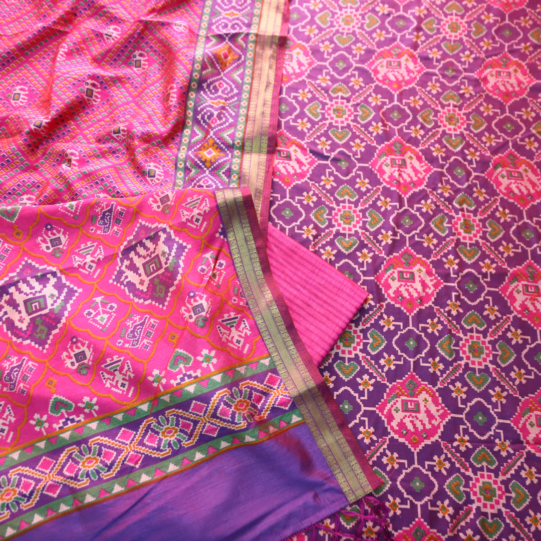 Pravi Purple All Over Patola Shadow Printed Work Muslin Silk Set