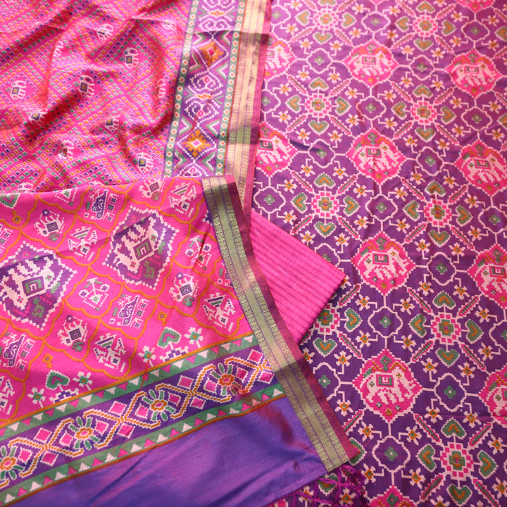 Pravi Purple All Over Patola Shadow Printed Work Muslin Silk Set