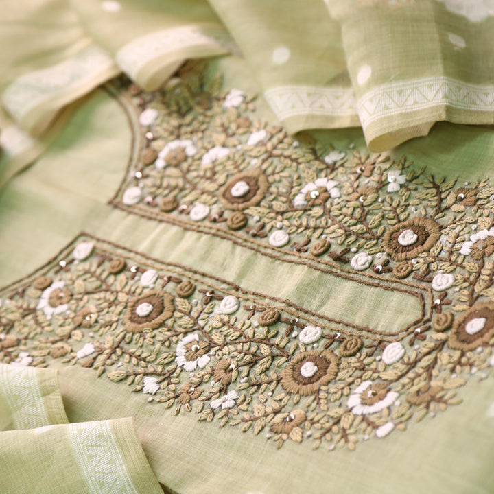 Surya Mint Green Thread Neck Work Jamdani Weaved Suit Set