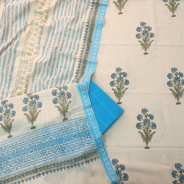 Hiraani Sky Blue All Over Floral Block Printed Work with Weaved Hem Cotton Suit Set