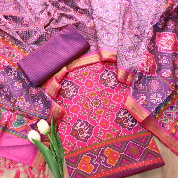Pravi Pink All Over Patola Shadow Printed Work Muslin Silk Set