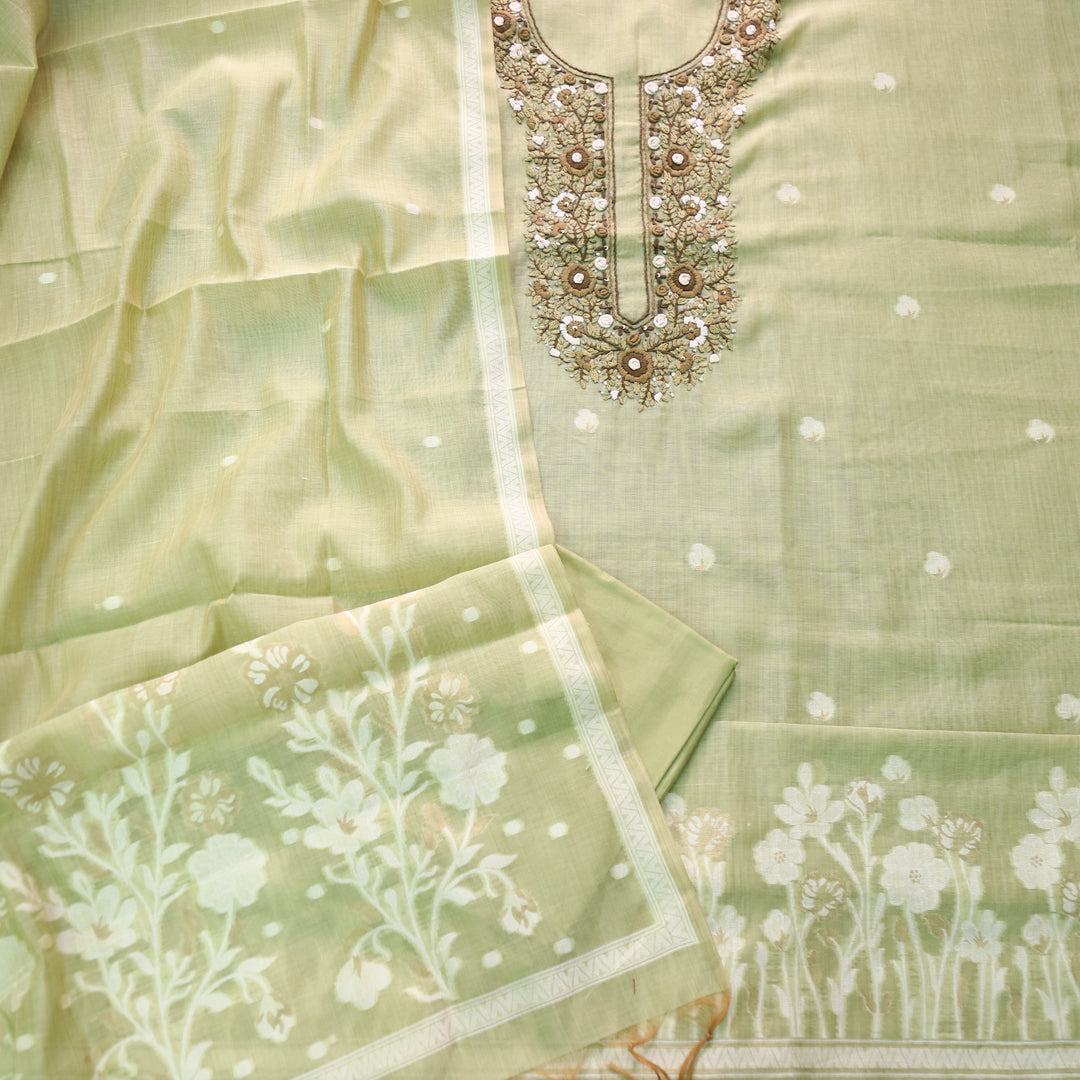 Surya Mint Green Thread Neck Work Jamdani Weaved Suit Set