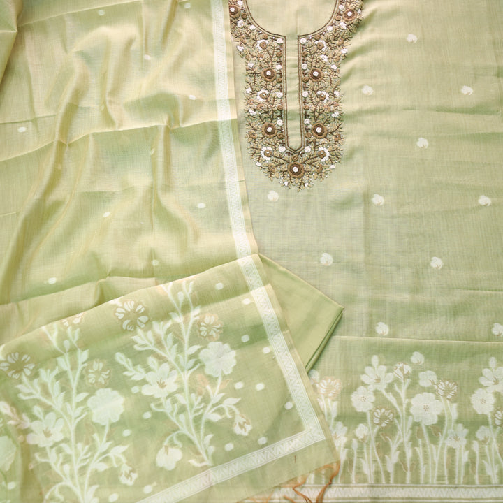 Surya Mint Green Thread Neck Work Jamdani Weaved Suit Set