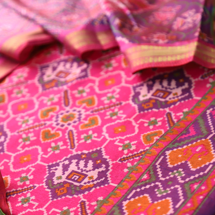 Pravi Pink All Over Patola Shadow Printed Work Muslin Silk Set