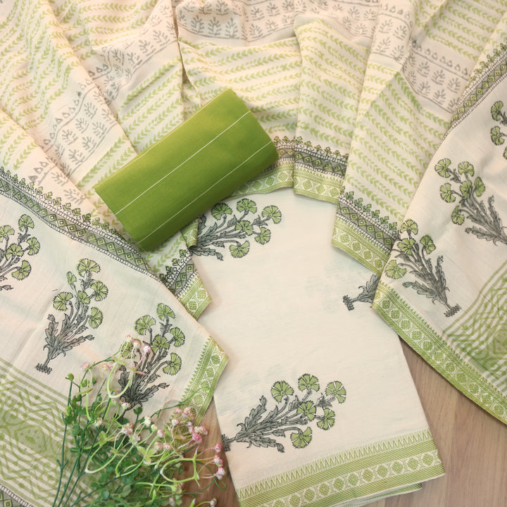 Hiraani Grass Green All Over Floral Block Printed Work with Weaved Hem Cotton Suit Set