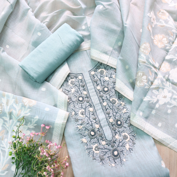 Surya Frosty Blue Thread Neck Work Jamdani Weaved Suit Set