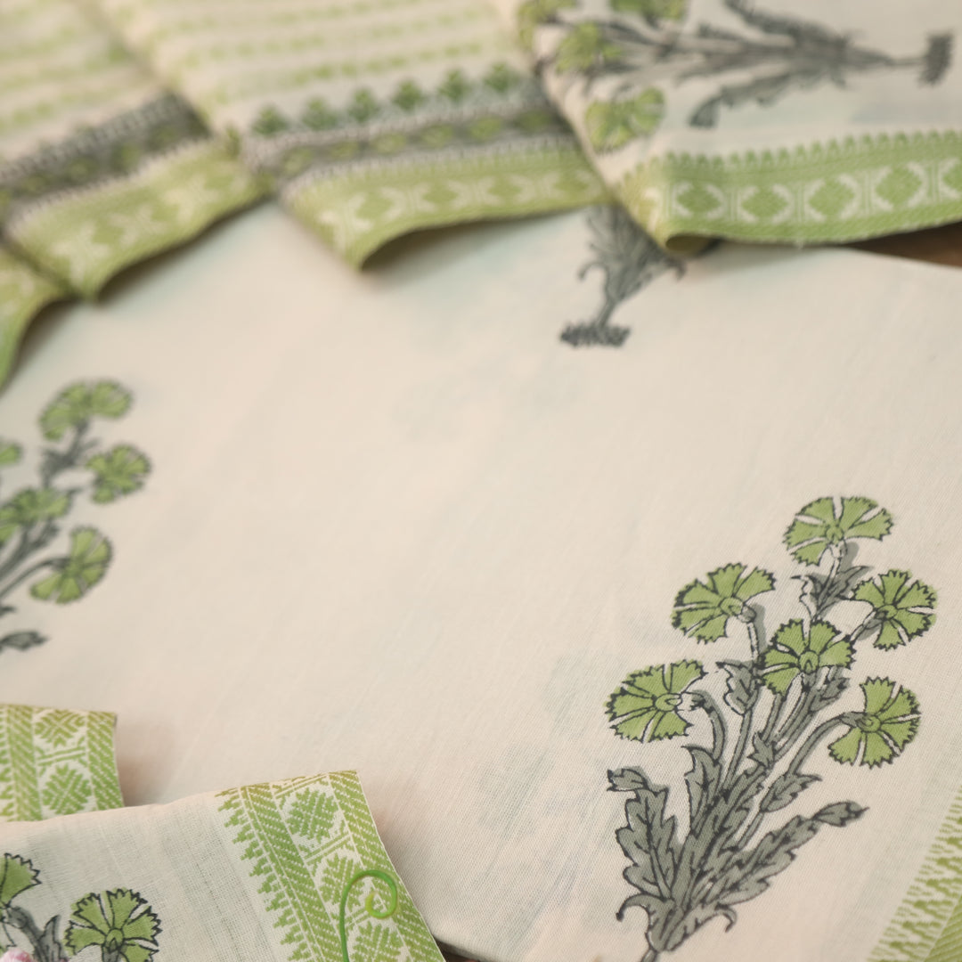 Hiraani Grass Green All Over Floral Block Printed Work with Weaved Hem Cotton Suit Set