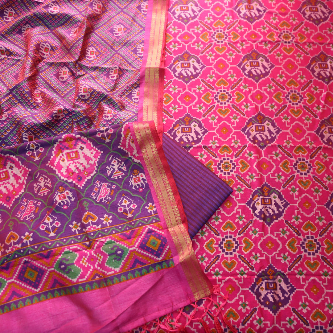 Pravi Pink All Over Patola Shadow Printed Work Muslin Silk Set