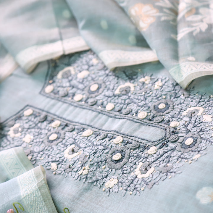 Surya Frosty Blue Thread Neck Work Jamdani Weaved Suit Set
