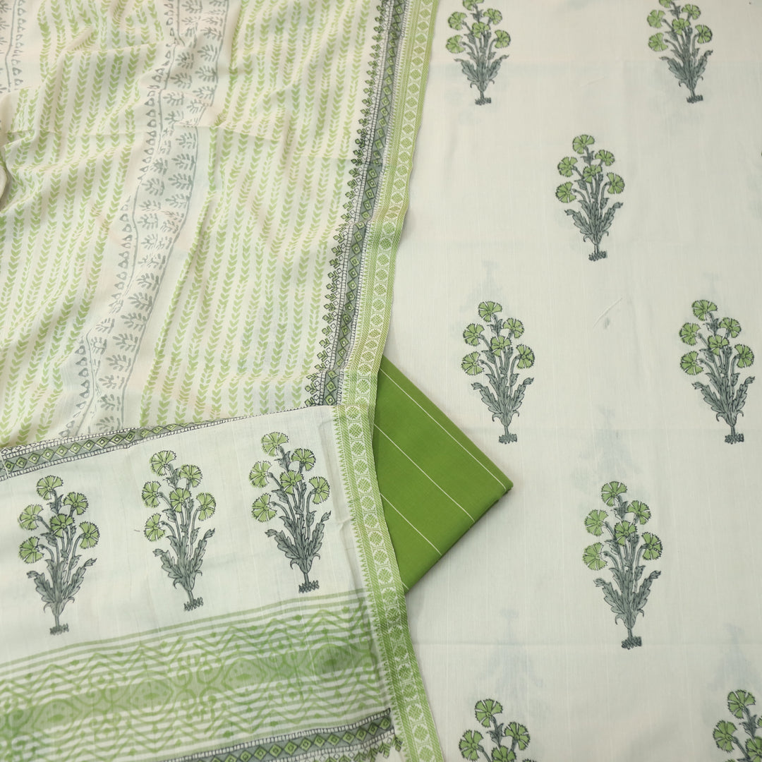 Hiraani Grass Green All Over Floral Block Printed Work with Weaved Hem Cotton Suit Set