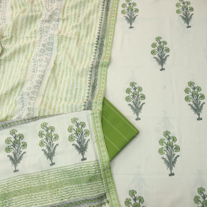 Hiraani Grass Green All Over Floral Block Printed Work with Weaved Hem Cotton Suit Set