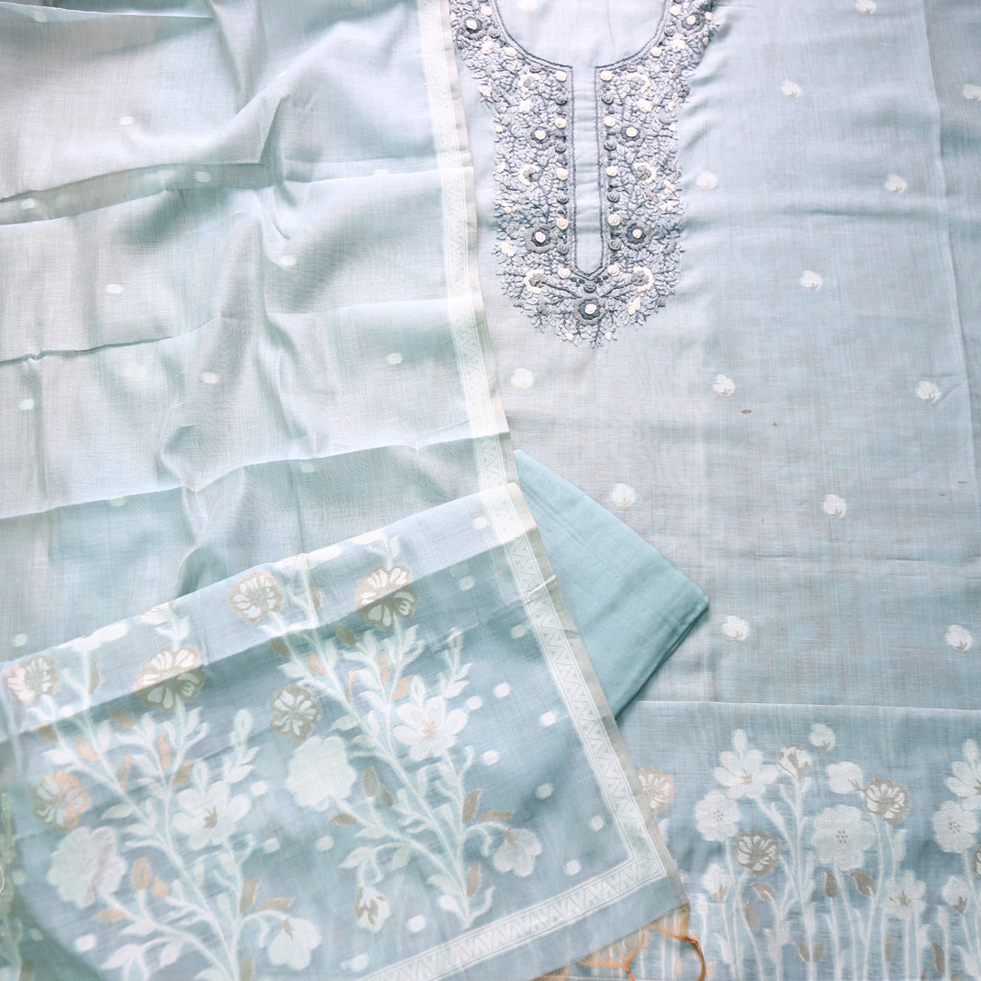 Surya Frosty Blue Thread Neck Work Jamdani Weaved Suit Set