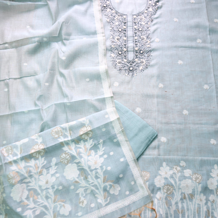Surya Frosty Blue Thread Neck Work Jamdani Weaved Suit Set