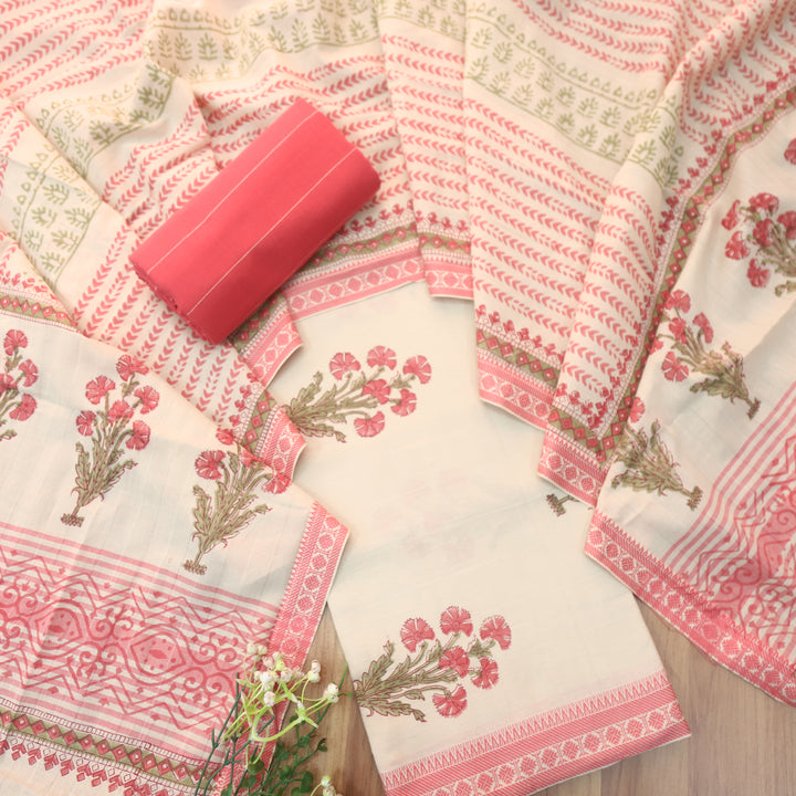 Hiraani Coral Blush All Over Floral Block Printed Work with Weaved Hem Cotton Suit Set