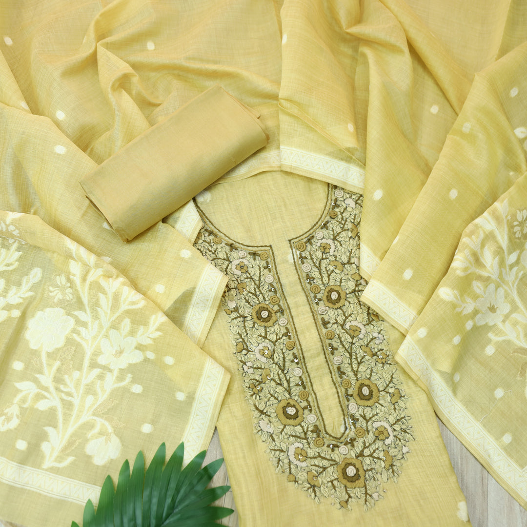 Surya Azure Yellow Thread Neck Work Jamdani Weaved Suit Set