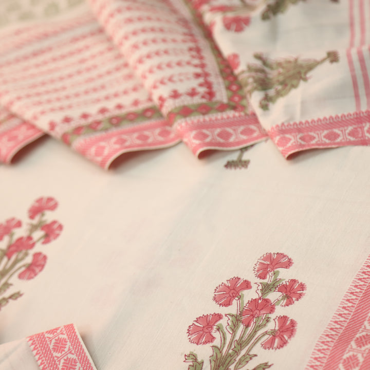 Hiraani Coral Blush All Over Floral Block Printed Work with Weaved Hem Cotton Suit Set