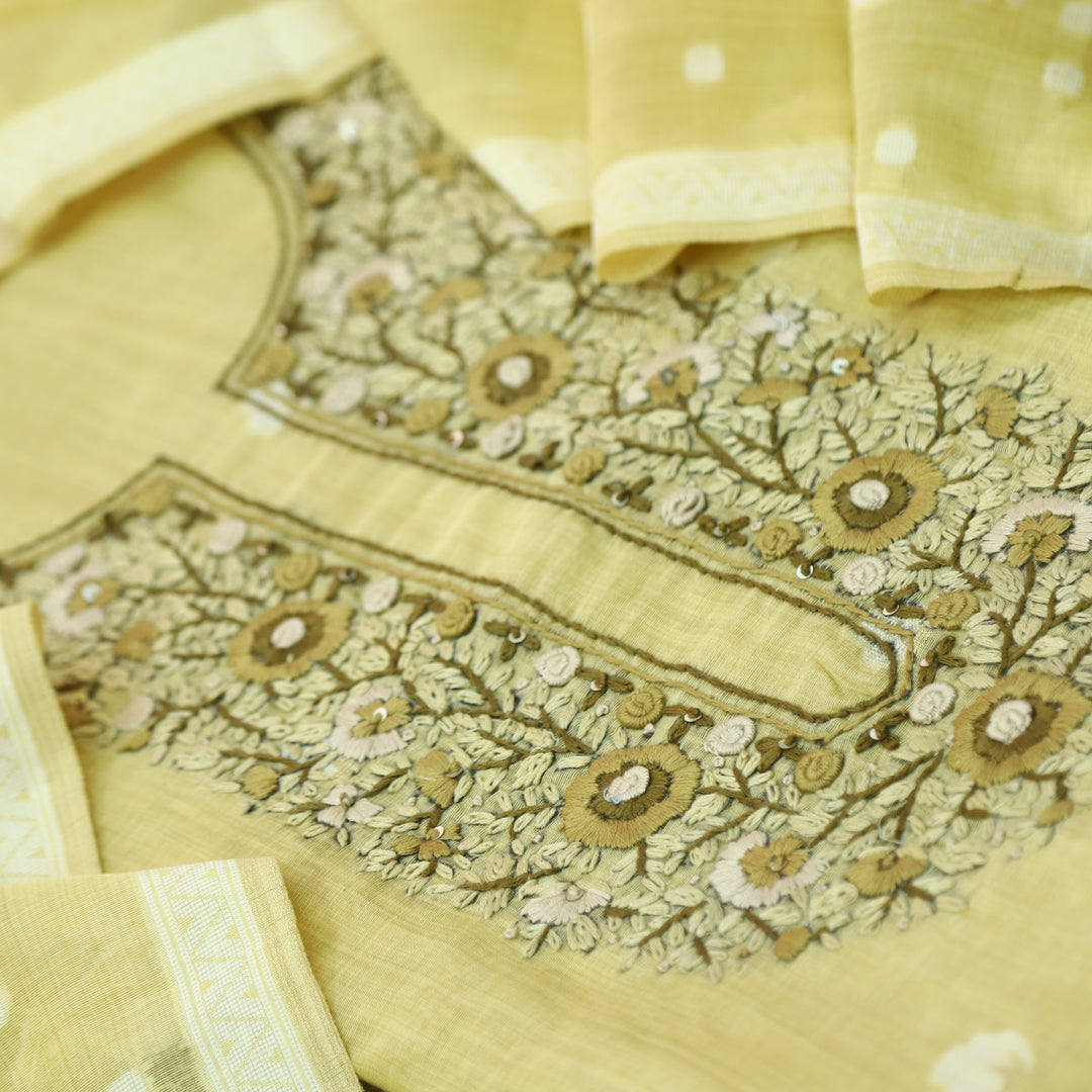 Surya Azure Yellow Thread Neck Work Jamdani Weaved Suit Set