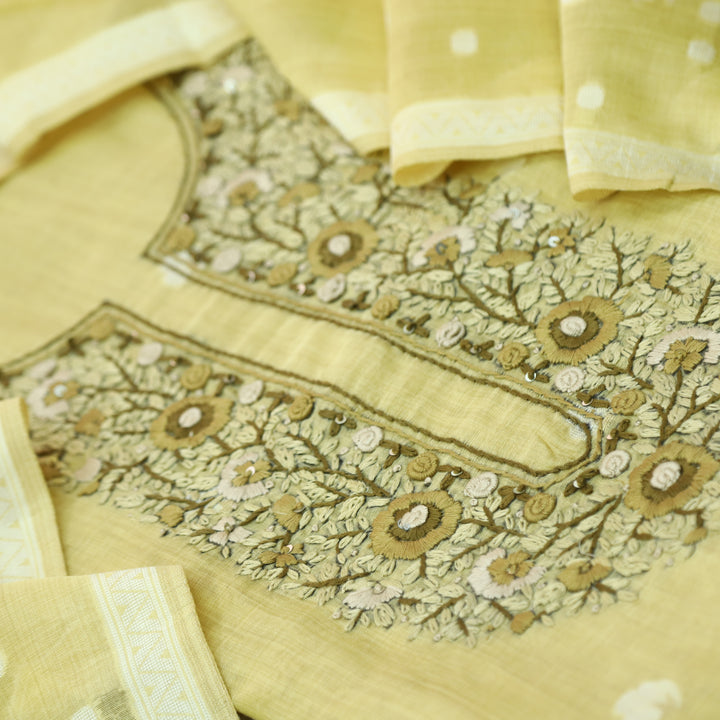 Surya Azure Yellow Thread Neck Work Jamdani Weaved Suit Set
