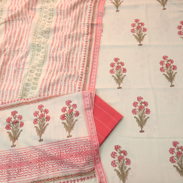 Hiraani Coral Blush All Over Floral Block Printed Work with Weaved Hem Cotton Suit Set