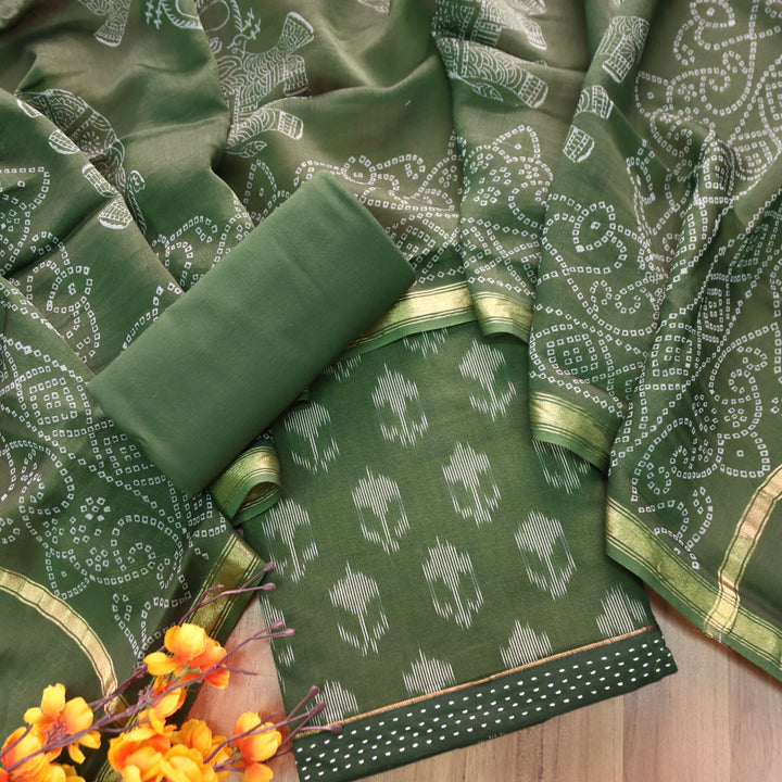 Vandana Pine Green All Over Ikkat Inspired Printed Handloom Cotton Set