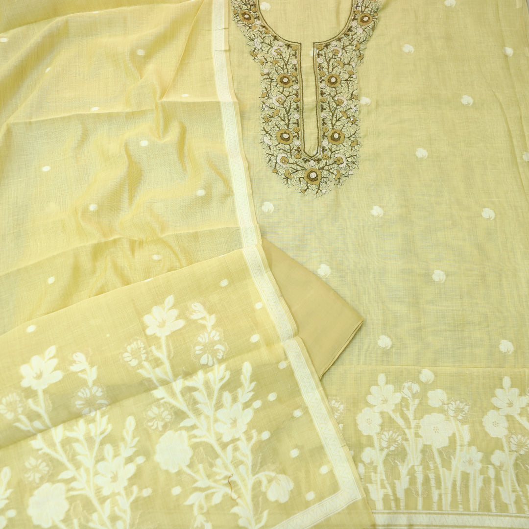 Surya Azure Yellow Thread Neck Work Jamdani Weaved Suit Set