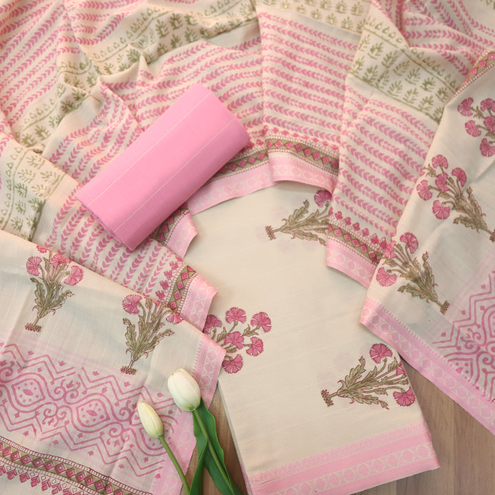 Hiraani Candy Pink All Over Floral Block Printed Work with Weaved Hem Cotton Suit Set