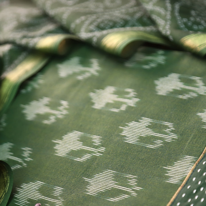 Vandana Pine Green All Over Ikkat Inspired Printed Handloom Cotton Set