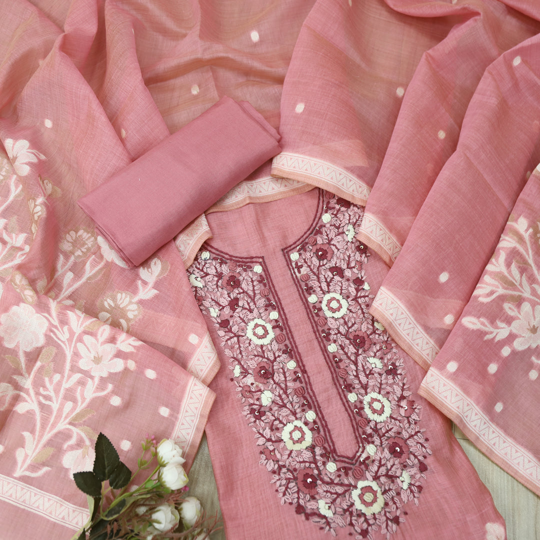Surya Candy Pink Thread Neck Work Jamdani Weaved Suit Set