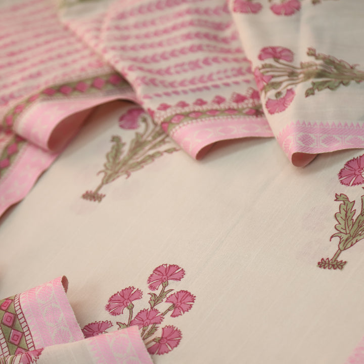 Hiraani Candy Pink All Over Floral Block Printed Work with Weaved Hem Cotton Suit Set