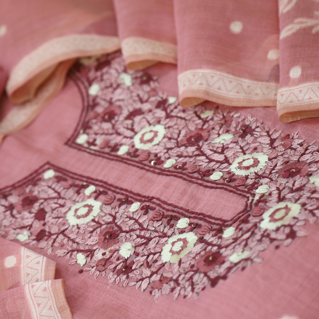 Surya Candy Pink Thread Neck Work Jamdani Weaved Suit Set