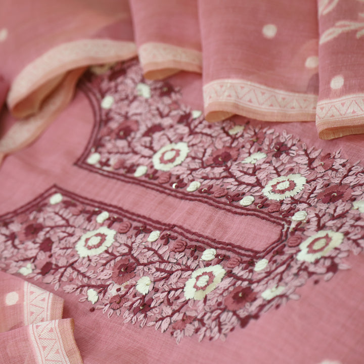 Surya Candy Pink Thread Neck Work Jamdani Weaved Suit Set