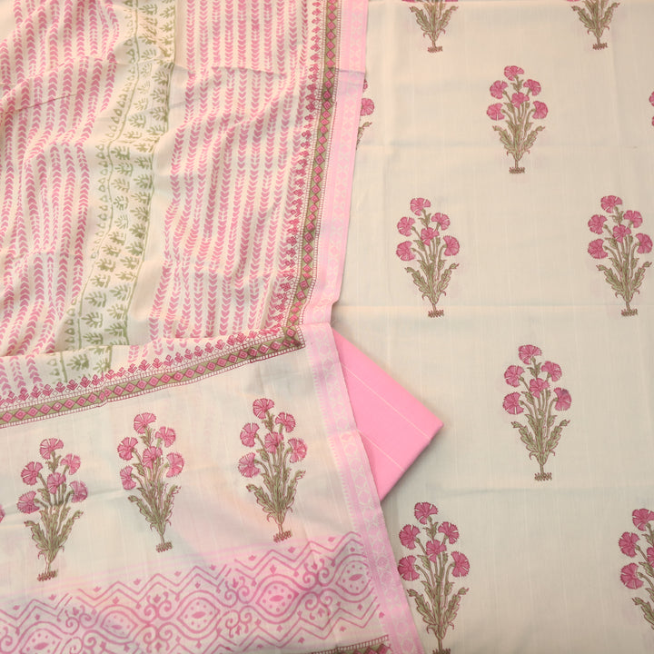 Hiraani Candy Pink All Over Floral Block Printed Work with Weaved Hem Cotton Suit Set