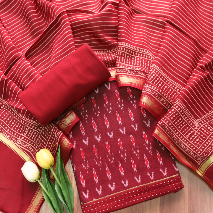 Vandana Berry Red All Over Ikkat Inspired Printed Handloom Cotton Set