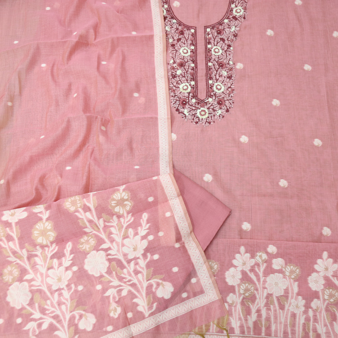 Surya Candy Pink Thread Neck Work Jamdani Weaved Suit Set