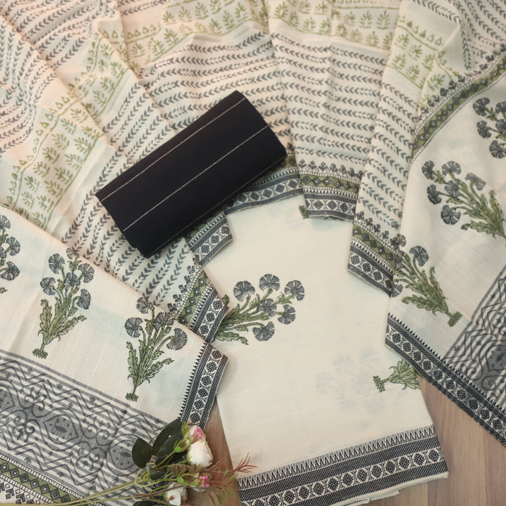 Hiraani Oil Black All Over Floral Block Printed Work with Weaved Hem Cotton Suit Set