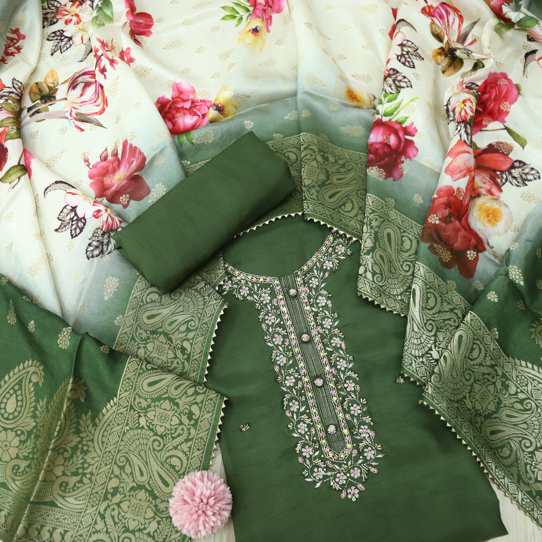 Roshani Mehendi Green Purple Embellished Neck Work Dola Silk Suit Set