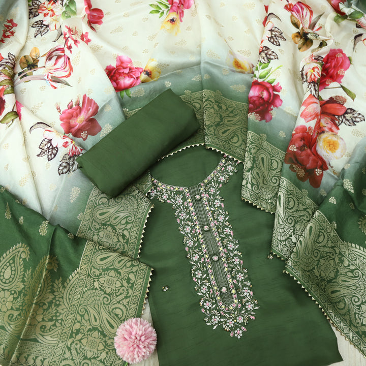 Roshani Mehendi Green Purple Embellished Neck Work Dola Silk Suit Set