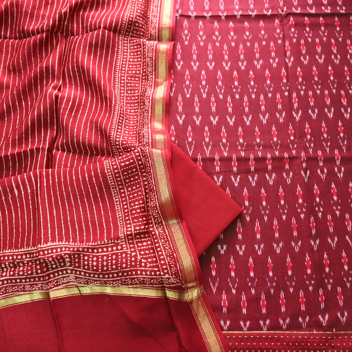 Vandana Berry Red All Over Ikkat Inspired Printed Handloom Cotton Set