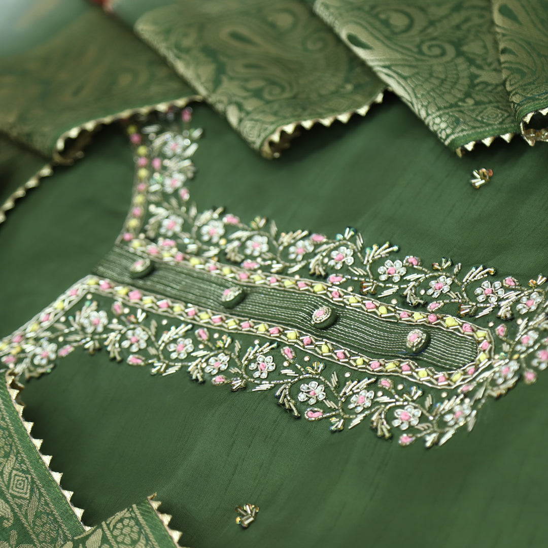 Roshani Mehendi Green Purple Embellished Neck Work Dola Silk Suit Set