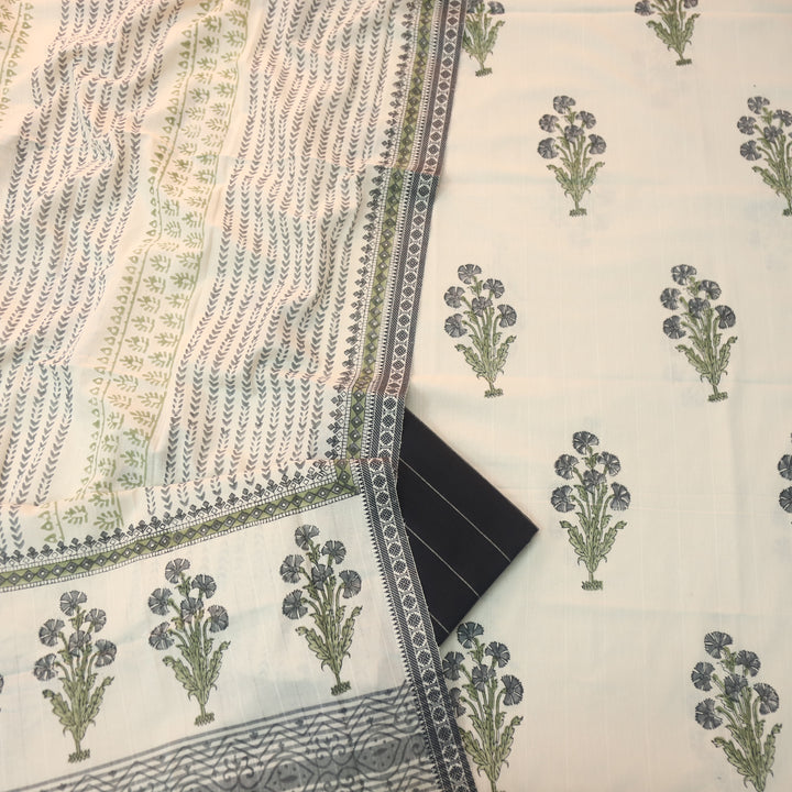 Hiraani Oil Black All Over Floral Block Printed Work with Weaved Hem Cotton Suit Set