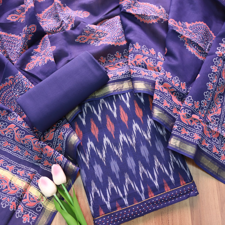 Vandana Navy Blue All Over Ikkat Inspired Printed Handloom Cotton Set