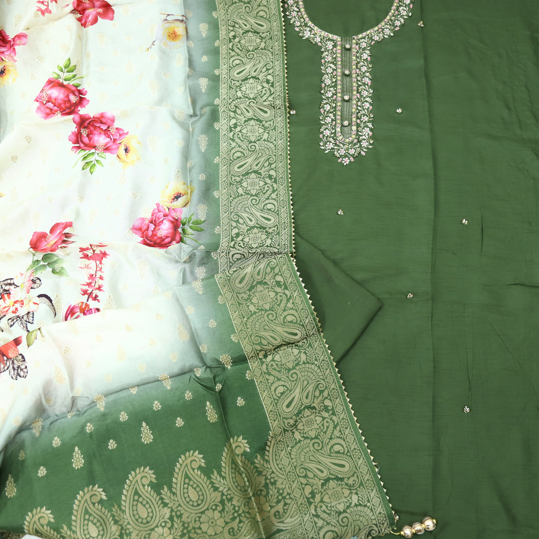 Roshani Mehendi Green Purple Embellished Neck Work Dola Silk Suit Set