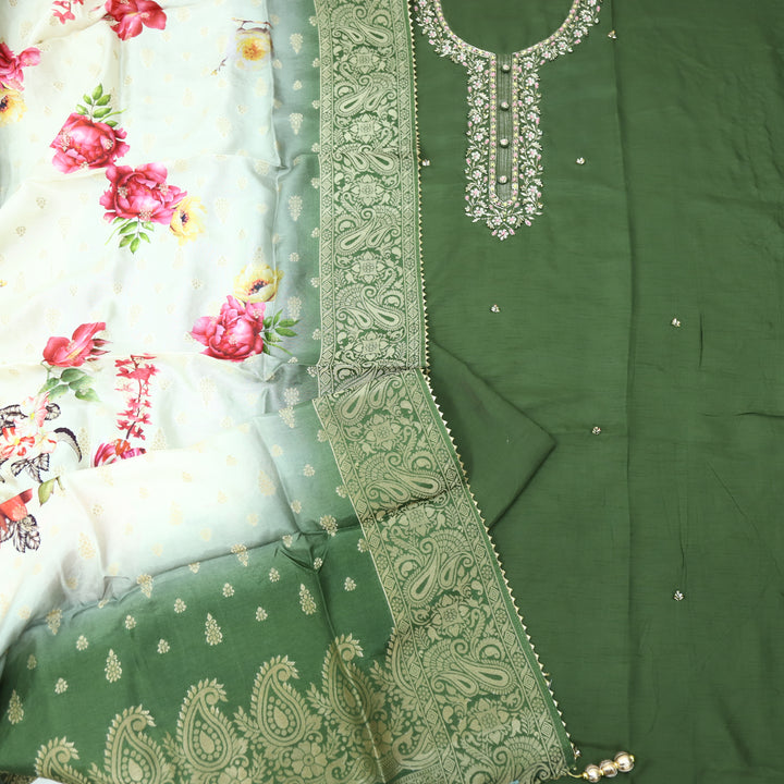 Roshani Mehendi Green Purple Embellished Neck Work Dola Silk Suit Set