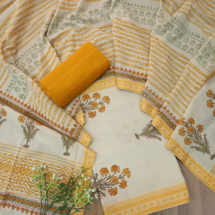 Hiraani Corn Yellow All Over Floral Block Printed Work with Weaved Hem Cotton Suit Set