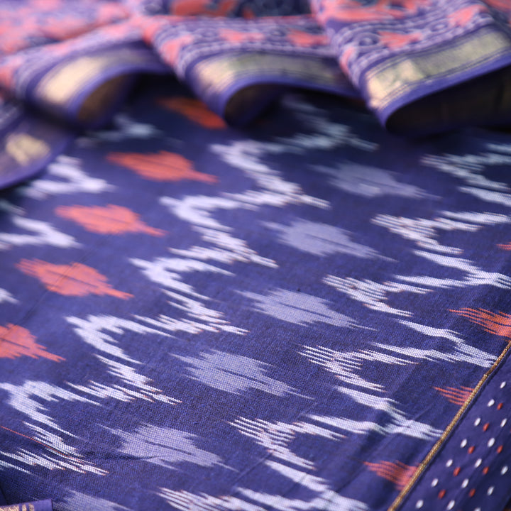 Vandana Navy Blue All Over Ikkat Inspired Printed Handloom Cotton Set